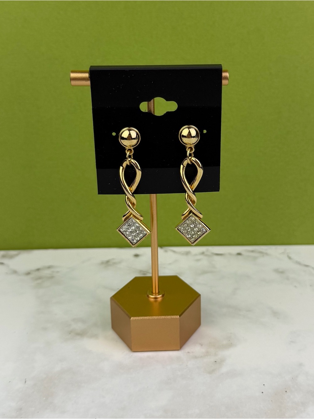 Vintage Park Lane Gold Twist Dangle Earrings with Pavé Rhinestone Square Drops